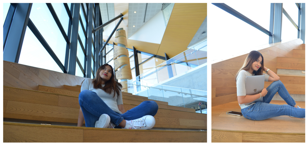 A photo collage of a girl sitting on a set of stairs.