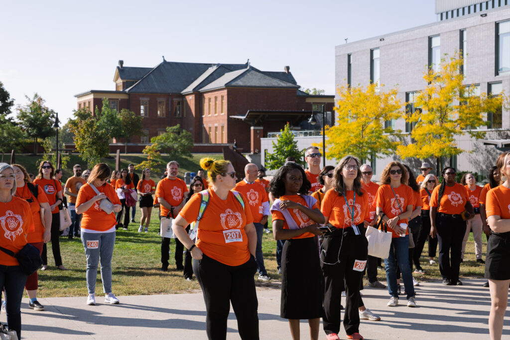 Humber College students wearing orange t-shirts on campus for Walk for Reconciliation.