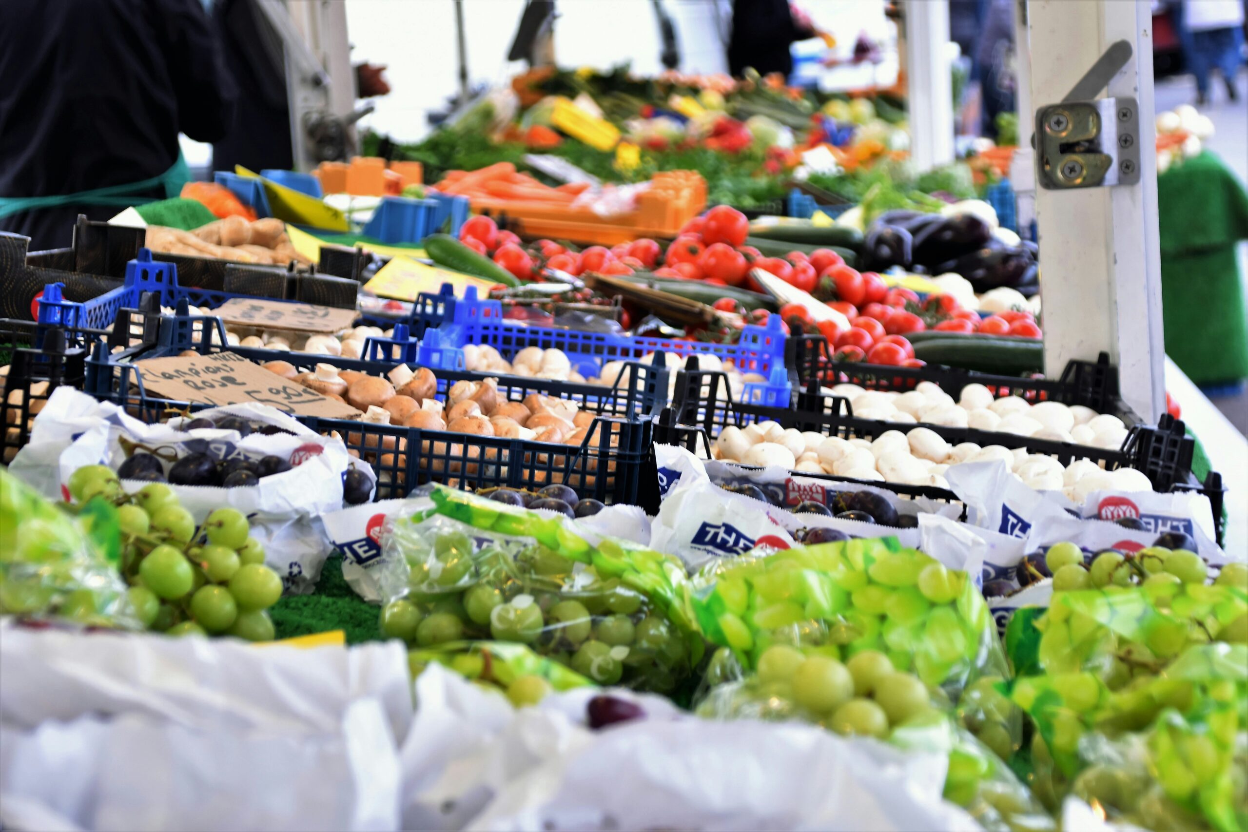 Fruits and vegetables in a public market during fall season