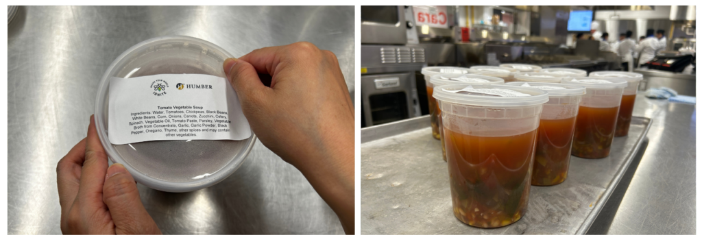 Photo on the left is a close up of two hands putting a label in a soup container. Photo on the right shows a group of soup containers filled with tomato vegetable soup.