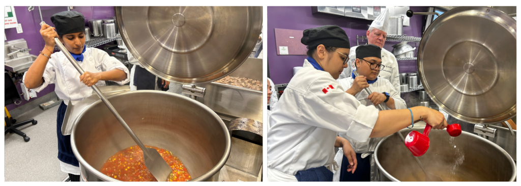 Photo on the left shows a nutrionist student stirring the soup from the industrial pot. Photo on the right shows nutrionist students adding seasoning to the pot as Chef Peter watch over the process.