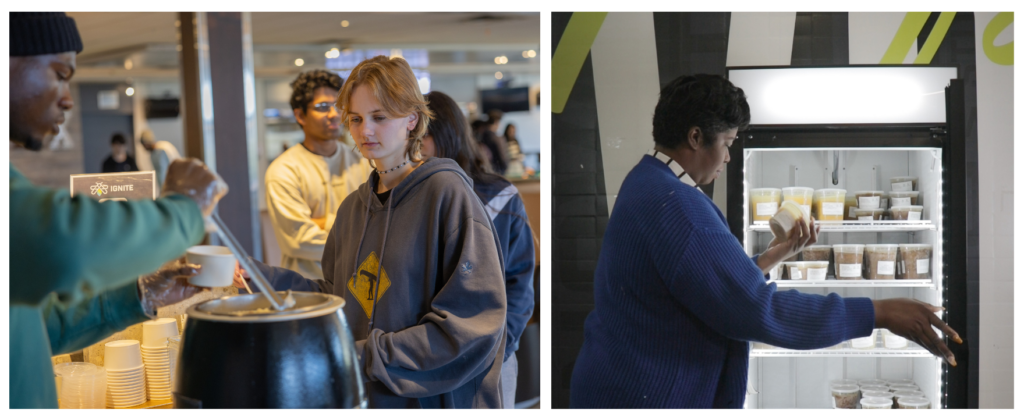 Photo of the left features Linx Lounge's hot soup as a man scoops soup in a containter while a girl wait in line. Photo on the right shows a woman picking a frozen soup in IGNITE's fridge.