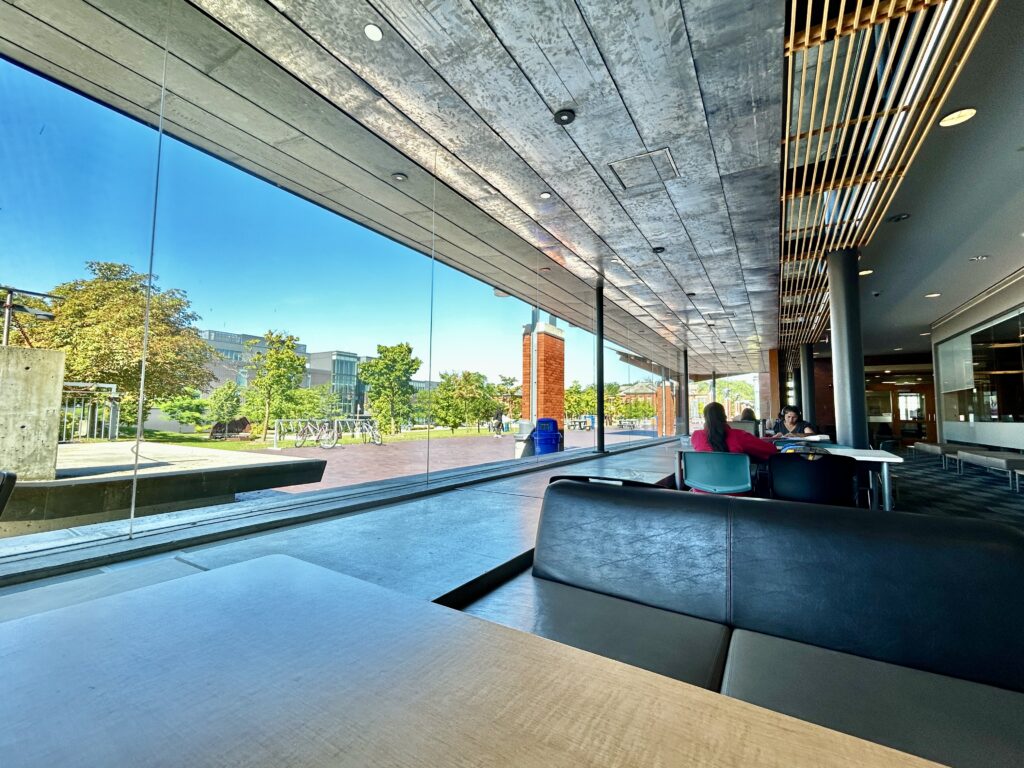 A view of the Lakeshore grounds from the tables inside the H100 room.