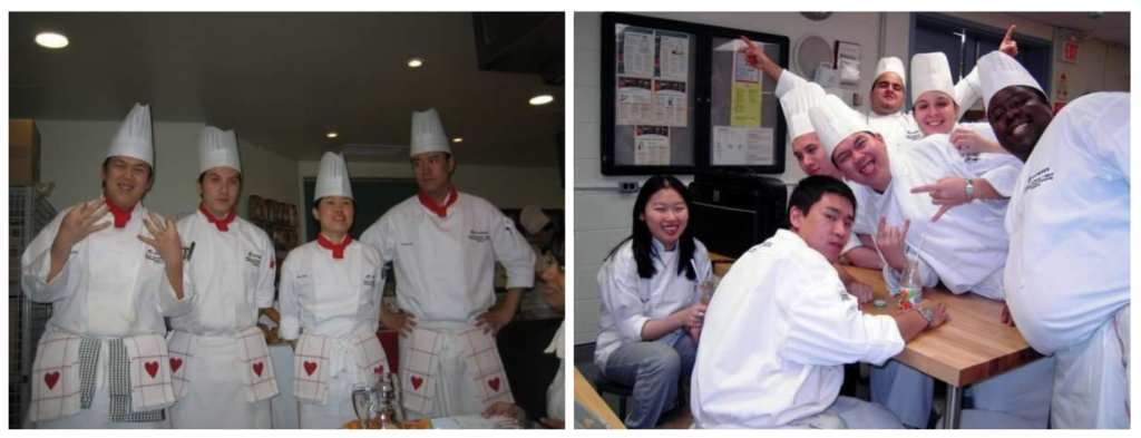 Chef Johnson Wu during his college days with his culinary classmates pose in their kitchen uniforms.