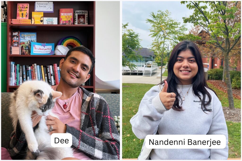 On the left, a person is sitting on a couch and holding a cat. On the right, a woman stands in nature and poses with a thumbs-up. 