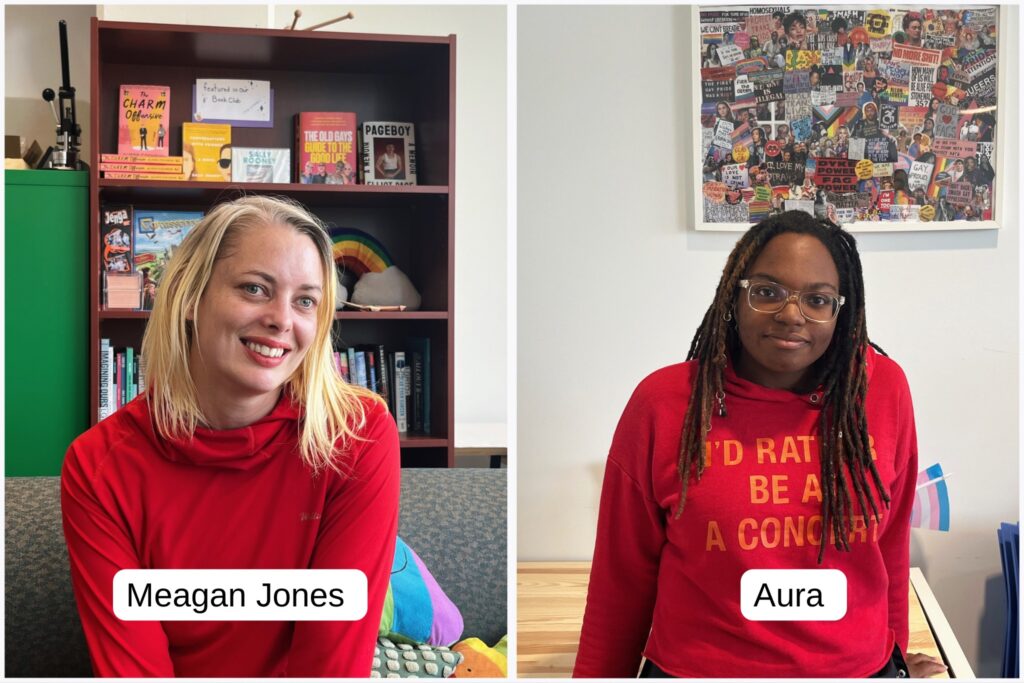 On the left, a woman is sitting in front of a bookshelf and smiling. On the right, a person is smiling and there is a collage board in the back. 