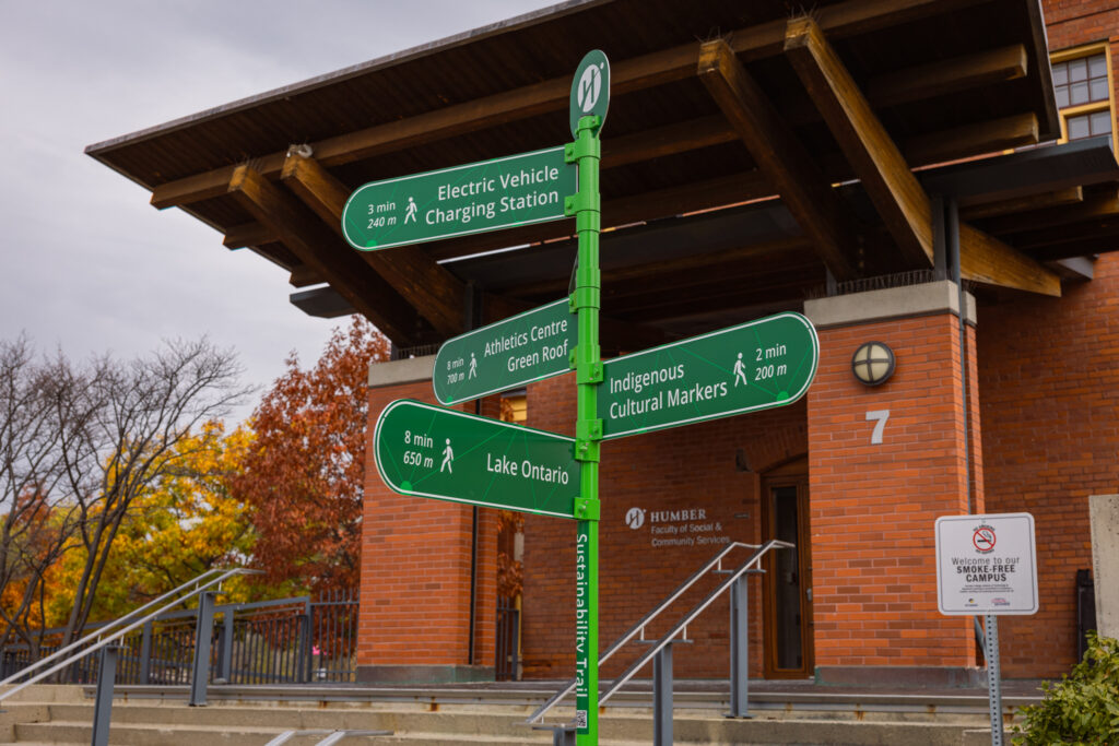 Sustainability trail plaque at the Lakeshore campus.