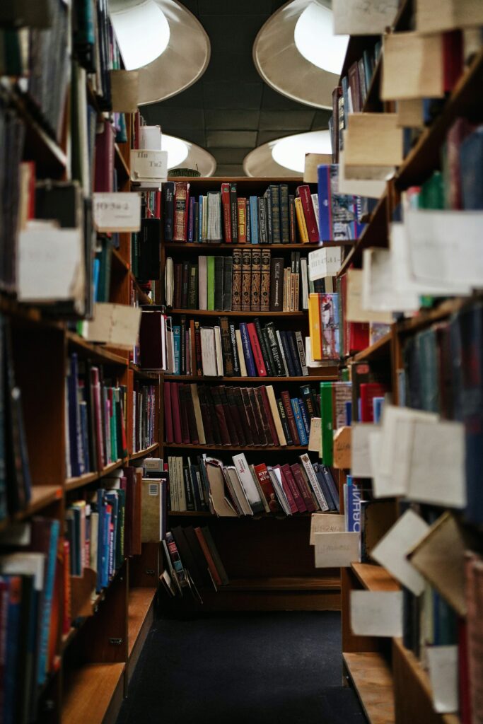 A narrow aisle between tall, crowded bookshelves in a dimly lit library leads to a wall of colorful and worn books.