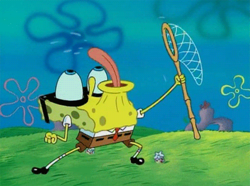 Spongebob holding a pole with a net, swirling his tongue in the air as his eyes bulge out his face.