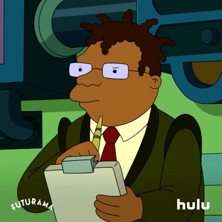 Hermes from Futurama taking notes.