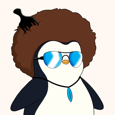 A penguin with an afro lifting sunglasses with dollar signs poping out their eyes.
