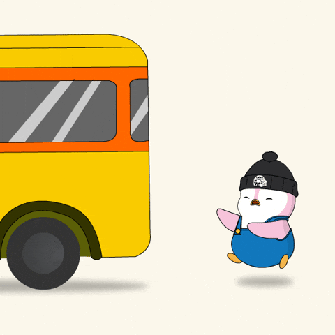 a cartoon of a pink penguin with black beanie running behind a yellow bus