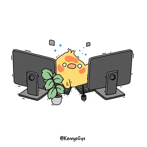 an animation of a baby chick frantically typing on different monitors