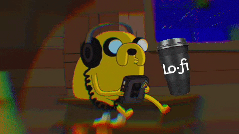 a yellow cartoon wearing headphones and listening to music with a cup reading 'Lo.fi'