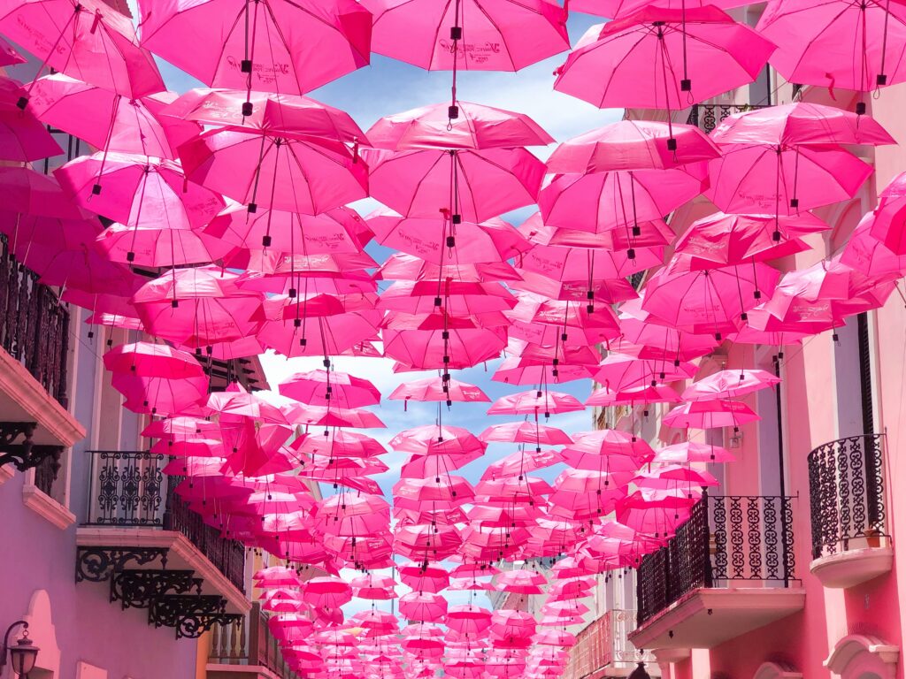 Many pink umbrellas are placed as a type of ceiling in front of buildings, covering the skies of the streets.