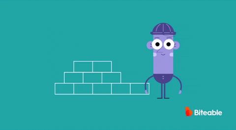 a purple cartoon character placing another brick on a brick wall