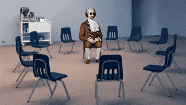 An illustration of someone dressed as Benjamin Franklin with black sunglasses and headphones sitting a chair surrounded by a circle of empty chairs. 