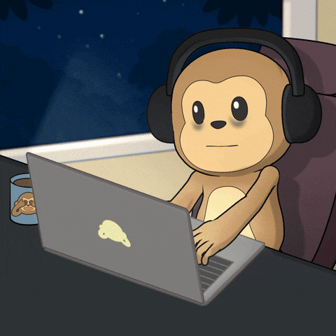 animation of a monkey working and drinking coffee as he day passes by in the background window