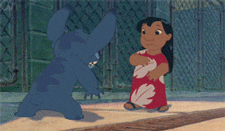 cartoon characters Lilo and Stitch hugging each other
