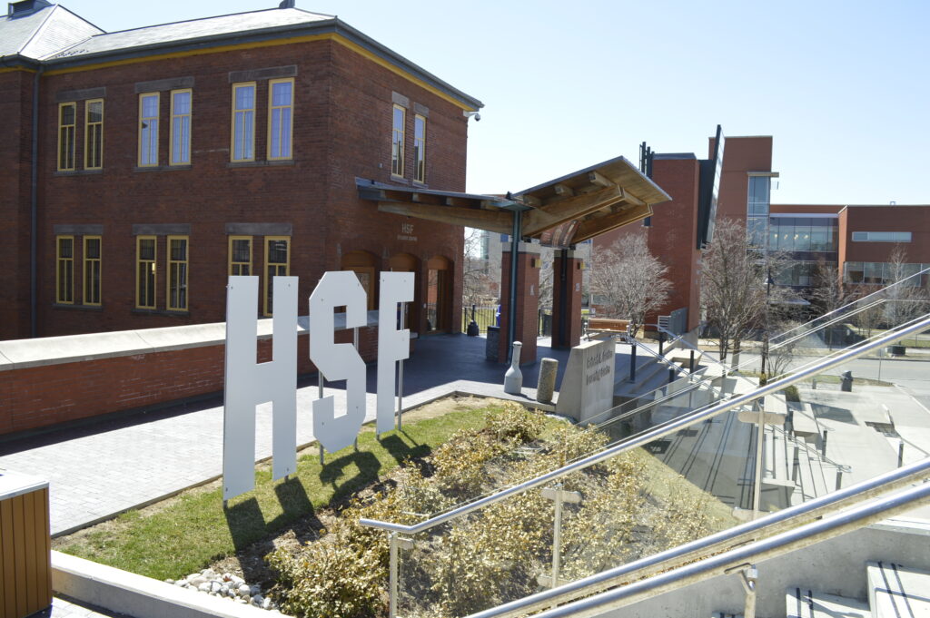 A photo of Humber Lakeshore's HSF building with an HSF sign outfront.
