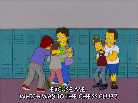 a cartoon scene where one man asks other "excuse me. Which way to the chess club?" as a fight rages in the back