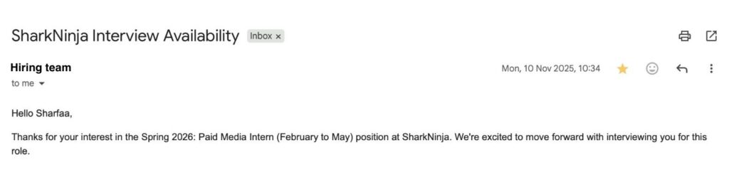 A screenshot of an email from SharkNinja saying the candidate is invited for an interview.
