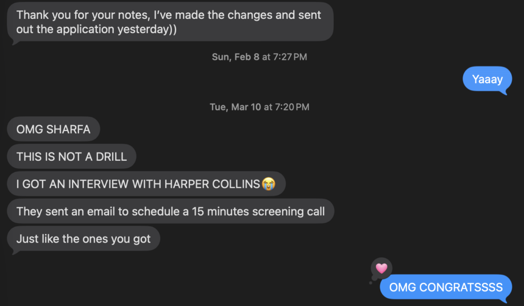 A screenshot of a message from a friend saying they got an interview with HarperCollins.