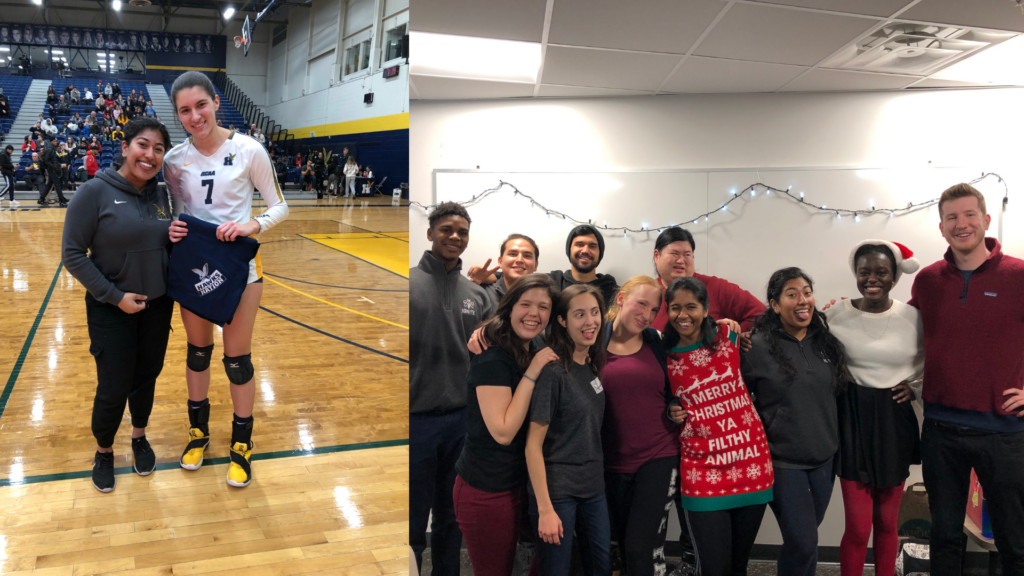 Two photos side by side: left, two women stand on an indoor volleyball court; right, a group of people pose and smile in an office.