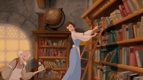 Bell from Disney's Beauty and the Beast on a bookshelf ladder swinging from one end of the shelf to the other with a basket on her left arm as an old man speaks with her. 