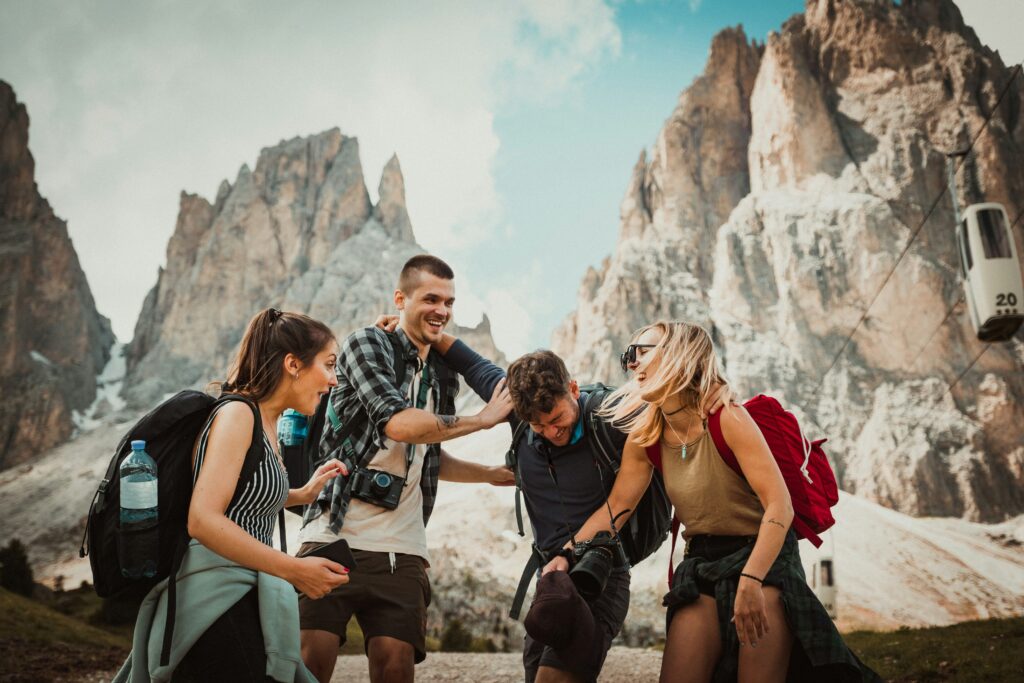 A group of friends on a hike laughing together