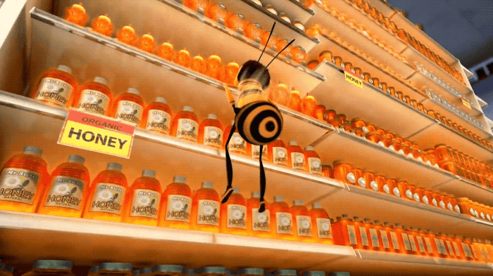 A scene from "The Bee Movie", the bee stands before an aisle full of honey jars.