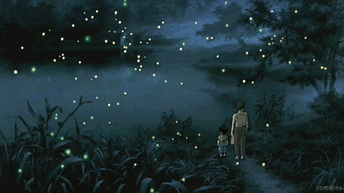 A animated scenery with fireflies lighting up an evening sky.
