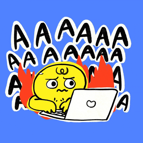 A yellow cartoon character furiously typing on a laptop