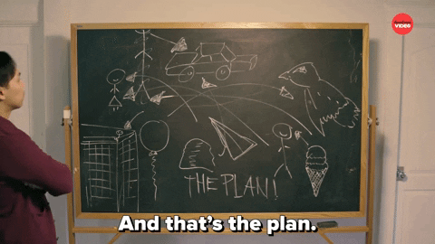A person looking at a board and saying 'And that's the plan.'