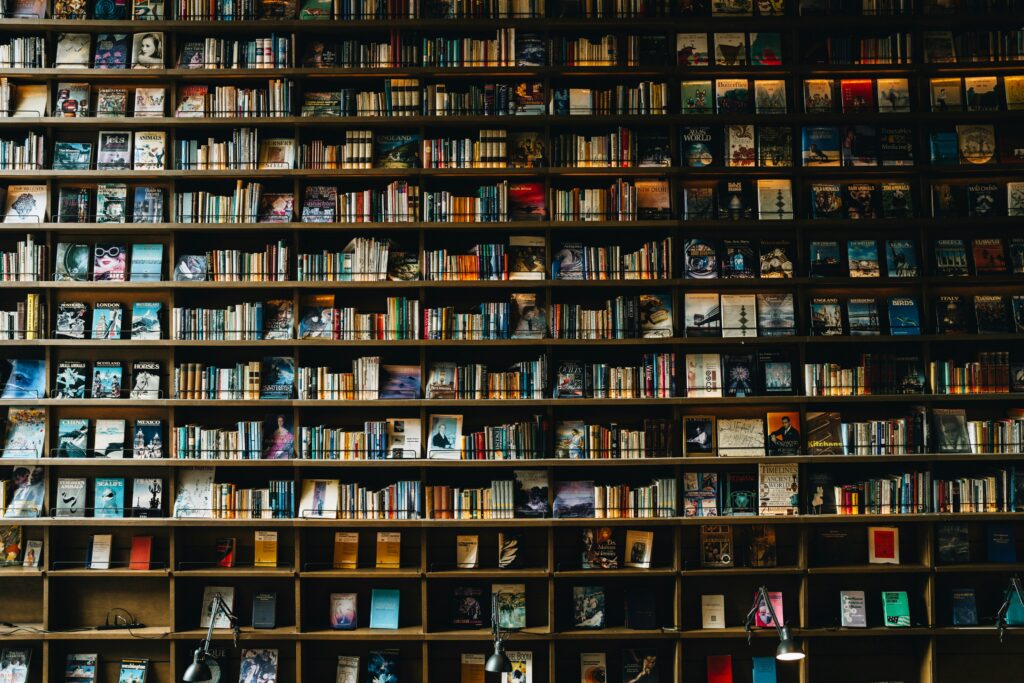 A zoomed out image of a large book shelf with many books